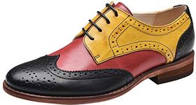 U-lite Women's Perforated Lace-up Wingtip multicolor Leather Flat Oxfords Vintage Oxford Shoes, Redyellowblack, 8.5