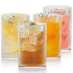 POLIDREAM Vintage Ribbed Glassware Set: 4pcs 16.9oz XL Drinking Glasses, Fluted Ripple Drinkware, Origami Style, Elegant Glassware for Whiskey, Cocktail, Iced Coffee, Juice, Beer, Soda