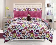 Girls Kids Bedding-FABIAN MONKEY Tween Teen Dream Bed In A Bag. (Double) FULL SIZE Comforter, Sheet Set and Plush Monkey Pillow Included-Peace, Hearts-Hot Pink, Turquoise Blue, Purple, Black and White