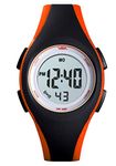 V2A 5Atm Waterproof Digital Kids Sports Watch With Luminous Alarm Stopwatch For Boys And Girls (White Dial Black And Orange Colored Strap, Resin)