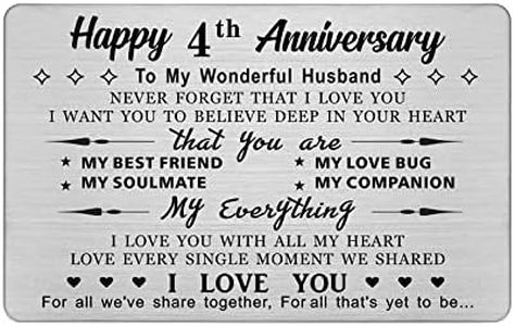 DEGASKEN Husband 4th Anniversary Card - I Love You With All My Heart - 4 Year Wedding Anniversary Keepsake Gifts for Him Men, Linen Anniversary Metal Card