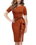 AISIZE Women 50s Vintage Ruffle Peplum Cocktail Pencil Knee Dress Large Rust Red