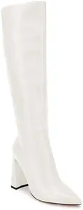 Juliet Holy Womens Wide Calf Knee High Boots Pointed Toe Chunky Block Heel Side Zipper Go-go Boots, White, Size 9