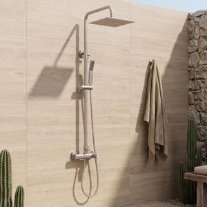 CHALIRS Brushed Nickel Outdoor Shower Kit – 10" Rain Shower & Handheld Spray, Outdoor Shower System with Brass Valve, Exposed Wall Mounted Fixture for Bathroom/Pool/Backyard