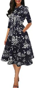 oxiuly Women's Vintage Bow Tie V-Neck Pockets Casual Work Party Cocktail Swing A-line Dresses OX278 (XXL, NBF5 Full)