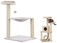 Amazon Basics Cat Tree Tower with Tunnel and Scratching Post - 19 x 19 x 43 Inches, Beige & Amazon Basics Cat Tree with Hanging Ball, Scratching Posts