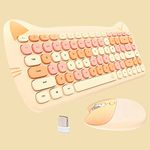 Cute Cat 2.4G USB Wireless Keyboard and Mouse Combo, Silent Keys, Candy Colors, Compatible with Notebook, PC (MilkTea-84Keys)