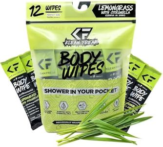 KLEAN FREAK Body Cleansing Wipes - Individual Shower Wipes | Travel, Gym, Camping Wet Wipes for Women & Men | Refreshing No Rinse | Natural Bug Deterrent & Wipe In One | Lemongrass Citronella 12 Pack