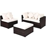 COSTWAY 4-Piece Garden Rattan Furniture Set, Patio Conversation Set with Cushions, Pillows and Ottoman/Coffee Table, All-Weather Outdoor Wicker Sectional Sofa Set for Balcony Lawn Poolside (White)