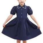 Sunny Fashion Girls Dress Navy Blue School Uniform Front Button Pearl Short Sleeve 6 Years