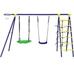 COSTWAY Kids Swing Set with Metal Frame, Double Swings, Climbing Ladder & Net, Basketball Hoop, Children Garden Backyard Playground Equipment for 3 Years Old +