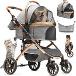 YITAHOME Pet Stroller 3-in-1, One-Click Foldable Cat Dog Stroller, Dog Pushchair, Dog Pram with Detachable Carrier Storage Basket Cup Holder Removable Hanging Bag, Car Seat, Dog Buggy (Grey)