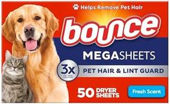 Bounce Dryer Sheets - Pet Hair & Lint Guard - Mega Sheet - Fresh Scent - 50 Count Sheets Per Box - One (1) Box