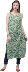 Amudee Fashion Women Floral Print Cotton Straight Kurta Sleeveless White & Blue (Large, White Blue)