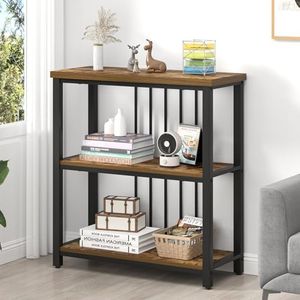 FOLUBAN 3 Tier Bookshelf, Industrial Wood and Metal Bookcase, Small Book Shelf for Home Office Bedroom Living Room, Rustic Brown