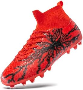 HRJR Kids Soccer Cleats Boys Girls Training Football Cleats Youth High-top Soccer Shoes for Little/Big Professional Athletic Outdoor Football Shoes Red 2.5 Big Kid
