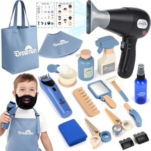 Barber Shop Pretend Play Set, Kids Shaving Kit Wooden Hair Salon Toys for Boys with Wearable Beard, Electric Shaver, Blow Dryer, Tool Bag, Toddler Role Play Barber Accessories for Boys & Girls Gifts