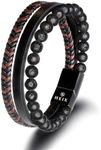 HEIX Mens Multilayer Natural Tiger Eye Stone Lava Stone Bead Braised Leather Bracelet Magnetic Stainless Steel Clasp in Black Gift Idea for Men & Boys Jewelry (19, LavaStone)