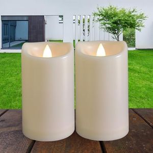 2 Pack Outdoor Battery Operated Candles with Timer (3x5 Inch) Waterproof Flameless Flickering Pillar Candles Plastic LED Fake Candle for Halloween Christmas Decoration Outside Lantern Festival Decor