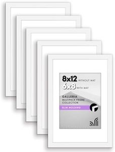 Americanflat 8x12 Picture Frame with Polished Plexiglass - Set of 5 - Use as 6x8 Frame with Mat or 8x12 Frame Without Mat - Galleria Collection - Gallery Wall Frame Set for Wall Display - White