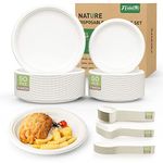 FEHHTO 250PCS Compostable Paper Plates Set, Heavy Duty Biodegradable Disposable Dinnerware Set Include 9 Inch & 7 Inch Plates,Extra Long Forks & Knives & Spoons for Party Camping BBQ-White
