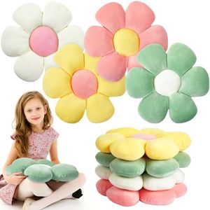 4 Pcs Flower Plush Throw Pillows Cute Flower Floor Pillow Daisy Shaped Floor Cushions Aesthetic Flower Seat Cushion Flower Chair Pads for Kids Seating Bed Bedroom Sofa Decor, 4 Styles (15 Inch)