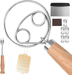 Danish Dough Whisk Set of 3, 13 Inch Wooden Bread Whisk with Stainless Steel Hook, Dough Scraper & Lame Scoring Tool Blades - Sourdough, Pizza, Pastry Baking Supplies - Dutch Whisk & Dough Cutter Kit.