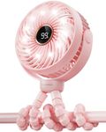 SHEWIND Stroller Fan, LED Display Portable Fan, Battery Operated Small Clip on Fan, 4 Speed Rechargeable Mini Personal Fan Cooling Travel Fan For Car Seat Crib Treadmill (Pink)