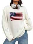 SweatyRocks Women's Flag Pattern Long Sleeve Round Neck Sweater Casual Loose Pullover Sweater, White, X-Small