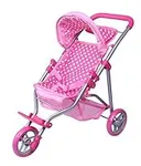 Precious Toys Baby Doll Stroller, Doll Stroller for Toddlers and 2-Year-Old Girls and Older, Pink & White Polka Dots, Toy Baby Stroller for Dolls, Foldable with Hood, Basket and Foam Handles