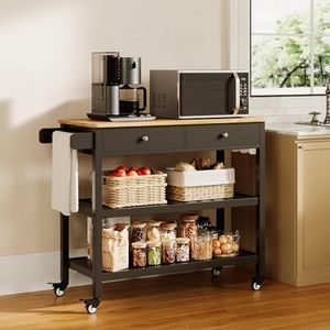 Gizoon Kitchen Island Cart with Storage, 40’’ Wooden Top, 2 Tiers Spacious Shelves and Towel Bar, 2 Drawer Mobile Trolley Cart On Metal Wheels with Hooks for Dining Room, Bar, Outdoor, Black