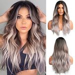 OUFEI Long Wavy Ombre Black Gray Wigs for Women Natural Synthetic Hair Heat Resistant Wigs for Daily Party Cosplay Wear-22 Inches