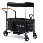 Bonnlo Folding Stroller Wagon for Kids, 2-Seater Handcart Wagon with Removable Canopy, 5-Point Harness and All-Terrain Wheels, Outdoor Camping Cargo Cart, Black