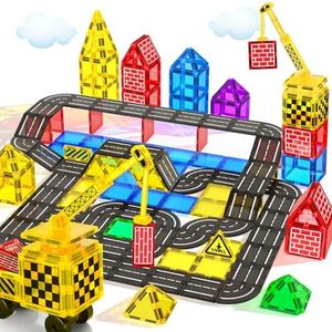 Magnetic Tiles Road Building Blocks - Magnet Crane Car Set for Kids 3-5 6-8 8-10 Preschool City Construction Building Dinosaur Toddler Toys for 3 4+ Year Old Boys Girls Christmas Birthday Gifts-43PCS