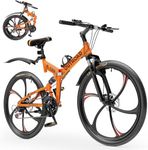 Outroad 26 Inch Folding Mountain Bike, 21 Speed Full Suspension High-Carbon Steel MTB Foldable Bicycle, Dual Disc Brake Non-Slip Folding Bikes for Adults/Men/Women, Orange