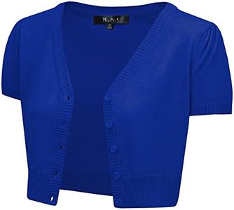 YEMAK Women's Cropped Bolero Cardigan – Short Sleeve V-Neck Basic Classic Casual Button Down Knit Soft Sweater Knitted Top Royal Blue