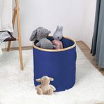Luxe Home Large Round Fabric Storage Basket with Bamboo Handles - 45L x 45W x 50H cm - Durable Toy Organizer and Laundry Hamper - Collapsible Blue Storage Bin for Kids' Room, Nursery, and Home