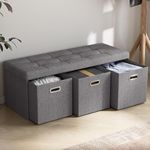 Ornavo Home Foldable Tufted Linen Large Long Bench Storage Ottoman Foot Rest Stool Seat with 3 Drawer Cubes - 15" x 40" x 15", Charcoal Gray