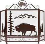 BestGiftEver Rustic Bison American Buffalo Mountain Scenery Tri-Fold Dark Brown Metal Fireplace Screen Foldable Decorative Cover