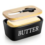 Osrioal Butter Dish with Lid, 650ml Ceramic Butter Dish, Porcelain Butter Container with Silicone Seals Cover and Knife, Ceramic Airtight Butter Keeper for Counter (Black)