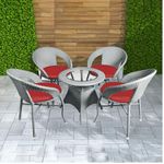 CORAZZIN Rattan Wicker Garden Patio Seating Chair and Table Set for Outdoor Balcony Garden Coffee Table Set Furniture with 1 Table and 4 Chairs with Red Cushion (Grey)