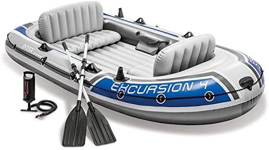 INTEX 68324NP Excursion 4 Inflatable Boat Set: includes Deluxe 137 cm Boat Oars and High-Output Pump – Adjustable Seats with Backrest – Fishing Rod Holders – 4-Person – 499 kg Weight Capacity