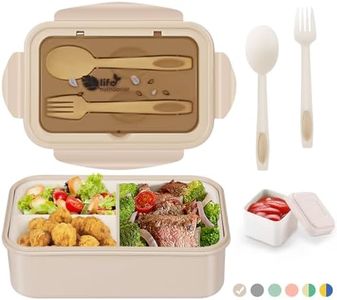 LUZOON Lunch Box, 1400Ml Bento Box Fiambrera Infantil y Adultos con 3 Compartimentos y Cubiertos Caja de Almuerzo de Plástico Caja de Alimentos sin BPA, Para microondas(Caqui+Recipientes para Salsas)