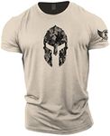 GYMTIER Spartan Forged - Spartan Helmet Hex Camo - Men's Gym T-Shirt Bodybuilding Training Workout Lifting Top Clothing, Sand, M