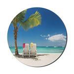 Ambesonne Seaside Mouse Pad for Computers, Relaxing Scene on Vacation Beach Palm Tree Chairs and Boats Panoramic Picture, Round Non-Slip Thick Rubber Modern Gaming Mousepad, 8" x 8", Green Blue