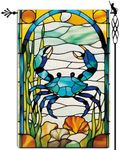 Summer Crab Garden Flag Stained Glass Style Coral Seaweed Garden Flag Vertical Double Sided Rustic Farmland Burlap Yard Lawn Outdoor Decor 12.5x18"