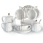 Sweejar Porcelain Tea Sets British Royal Series, 8 Oz Cups & Saucer Service for 6, with Teapot Sugar Bowl Cream Pitcher Teaspoons and Tea Strainer for Tea/Coffee (White)