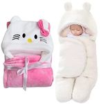 First Kick Baby Blankets New Born Combo Pack Of Hooded Wrapper Durable Fleece Polyester Sleeping Bag And Baby Bath Towel For 0-6 Months Baby Boys And Baby Girls Pack Of 2 Pink White, Casual Style