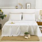 TUMEI 4 Pieces 100% Stonewashed French Linen Bedding Sheets Set, 16" Deep Pocket, 1 Fitted Sheet & 1 Flat Sheet & 2 Pillowcases, Solid Color, Soft & Comfortable (White, Double Size)