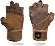 Harbinger Pro Wristwrap Gloves 3.0 - Enhanced Grip, Superior Wrist Support, Breathable 4-Way Stretch Lycra, Durable Leather Palm, Half-Finger Design for Weightlifting, Gym, Tan Camo, Large - Men's